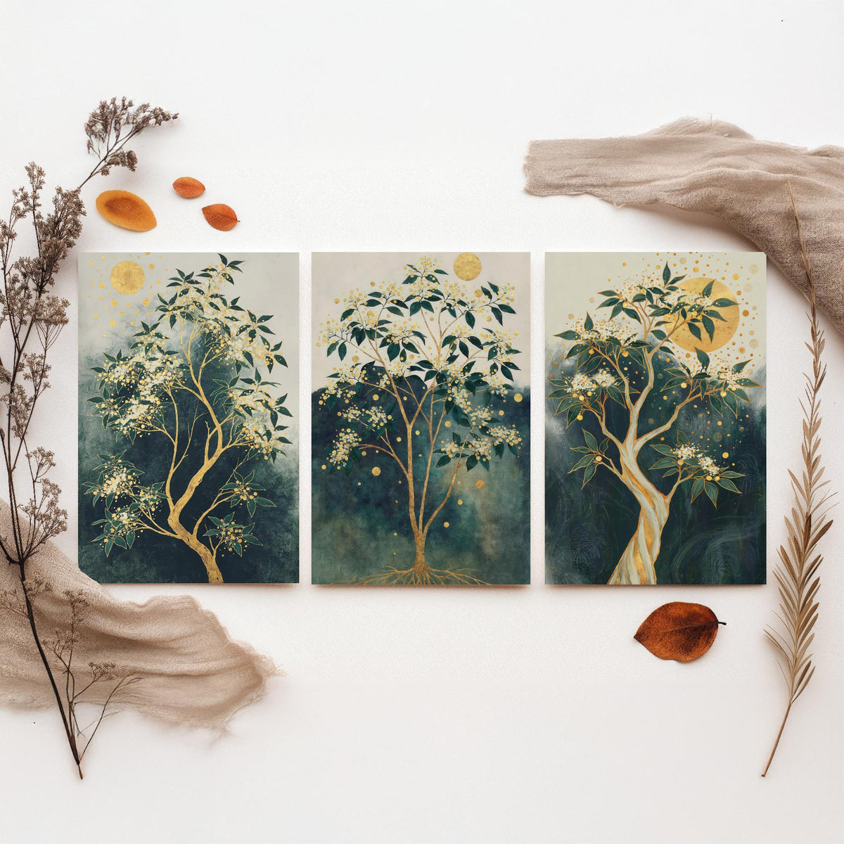 Set of Three Gold Tree Art Prints - 3 Botanical Blossom Painting Posters - Green Gold Wall Art Gift Moon Leaf Decor Luxe Nature Triptych
