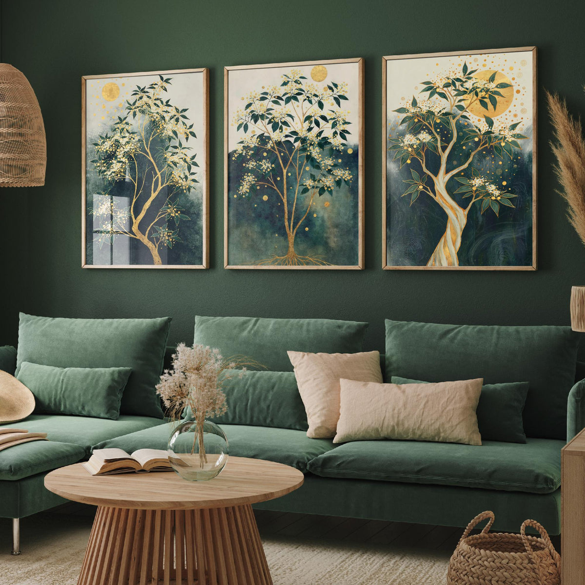 Set of Three Gold Tree Art Prints - 3 Botanical Blossom Painting Posters - Green Gold Wall Art Gift Moon Leaf Decor Luxe Nature Triptych