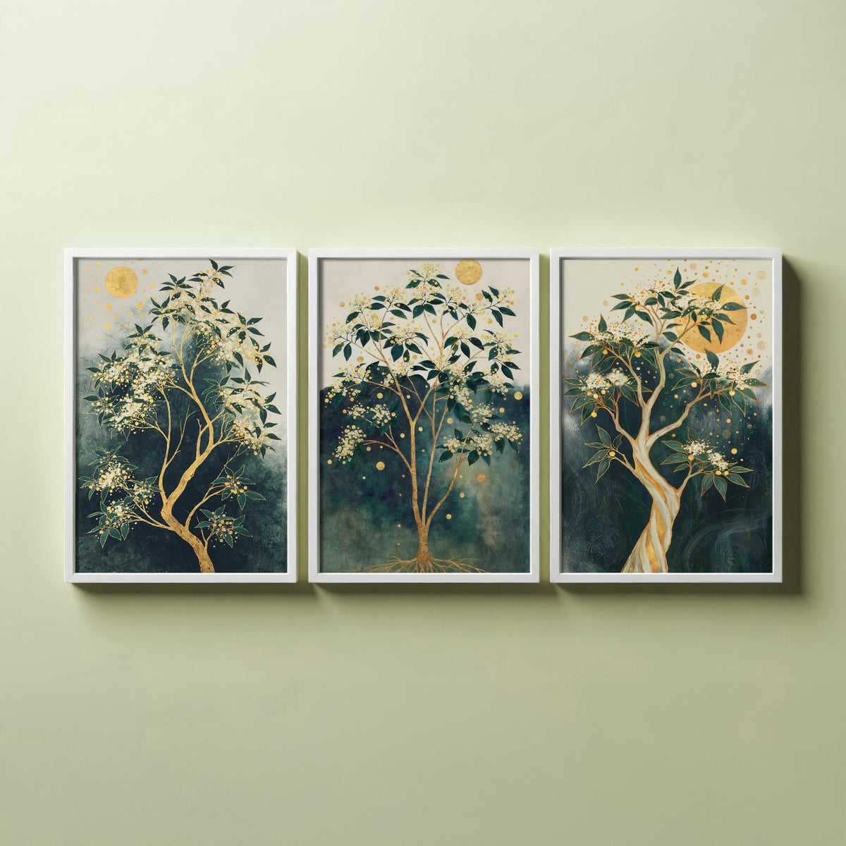 Set of Three Gold Tree Art Prints - 3 Botanical Blossom Painting Posters - Green Gold Wall Art Gift Moon Leaf Decor Luxe Nature Triptych