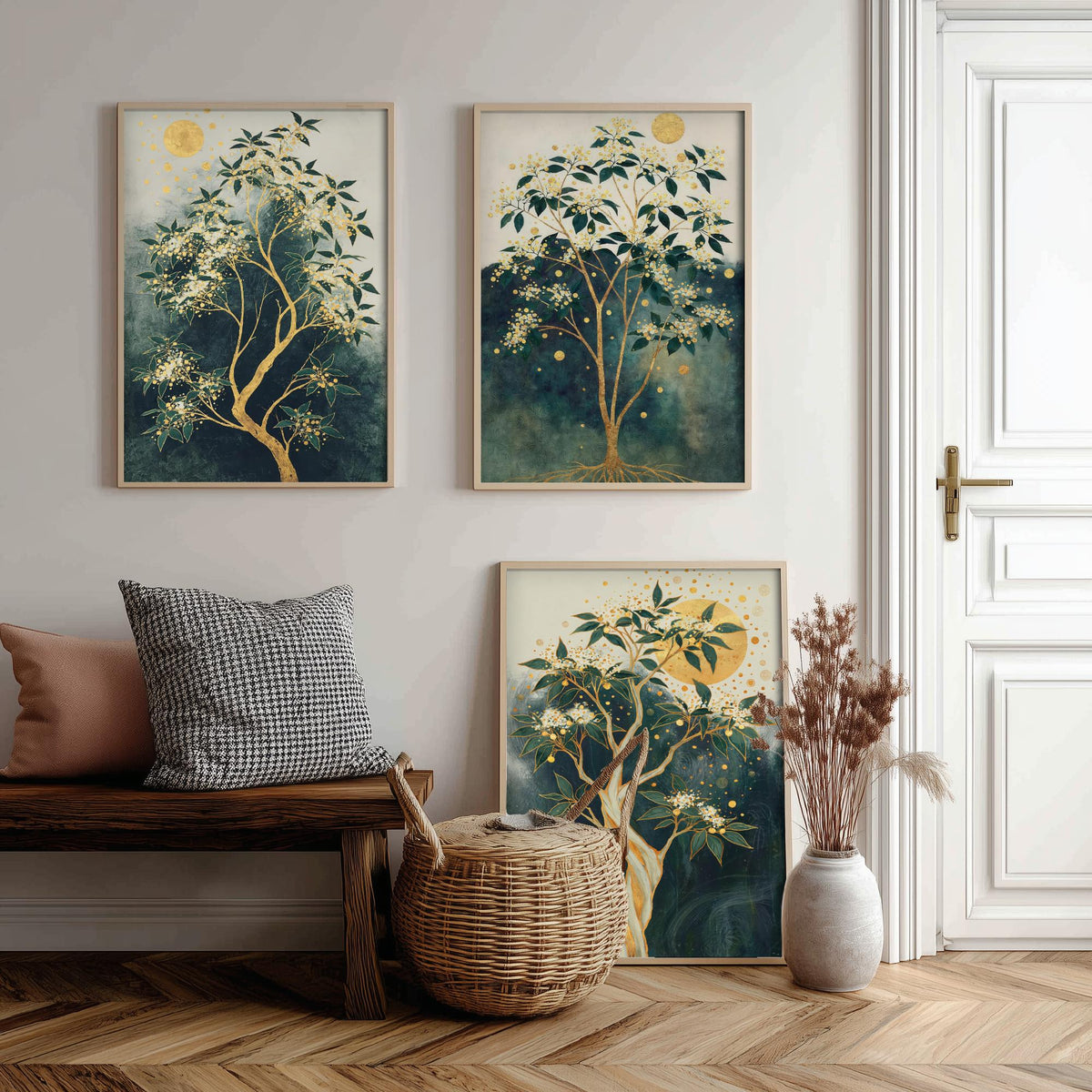 Set of Three Gold Tree Art Prints - 3 Botanical Blossom Painting Posters - Green Gold Wall Art Gift Moon Leaf Decor Luxe Nature Triptych
