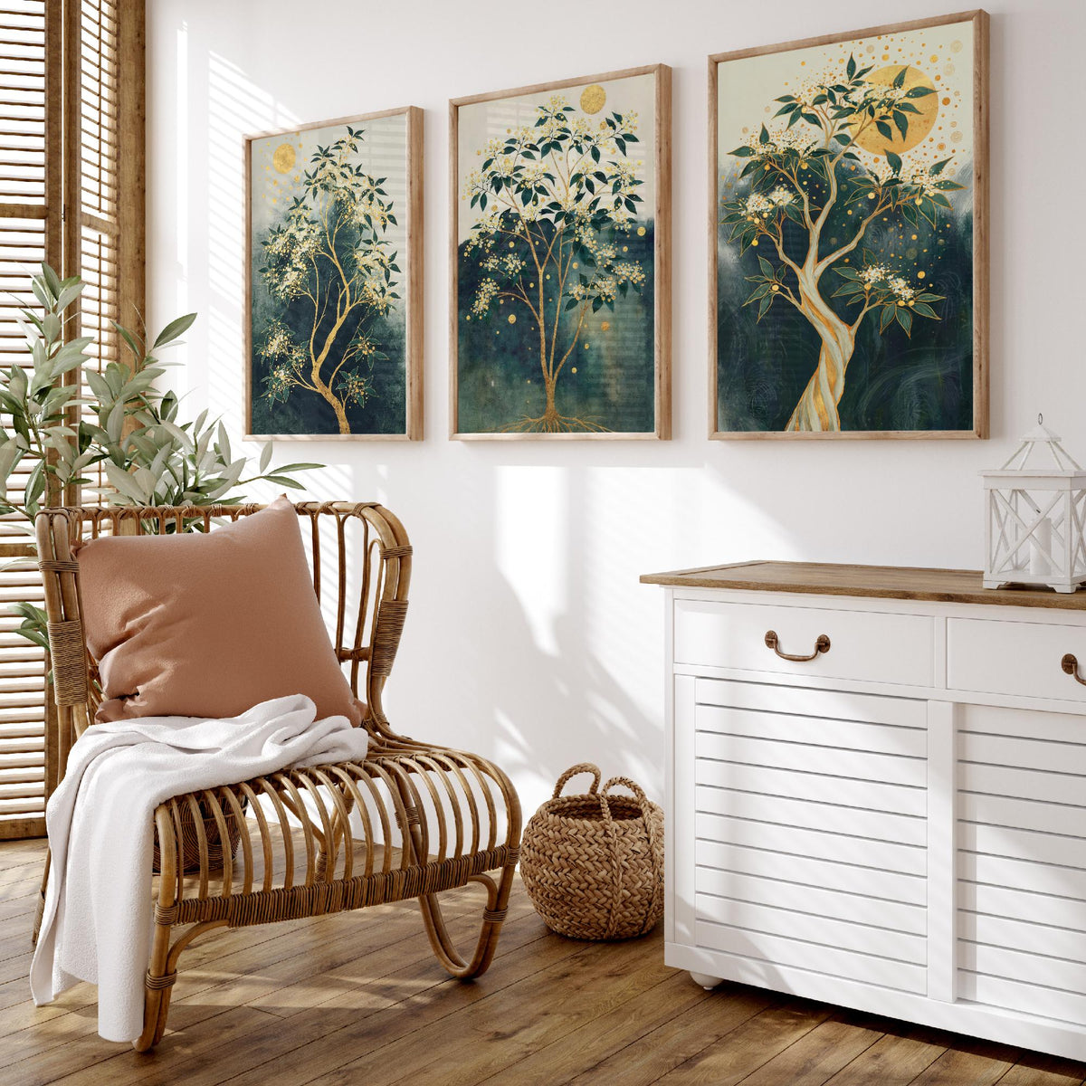 Set of Three Gold Tree Art Prints - 3 Botanical Blossom Painting Posters - Green Gold Wall Art Gift Moon Leaf Decor Luxe Nature Triptych