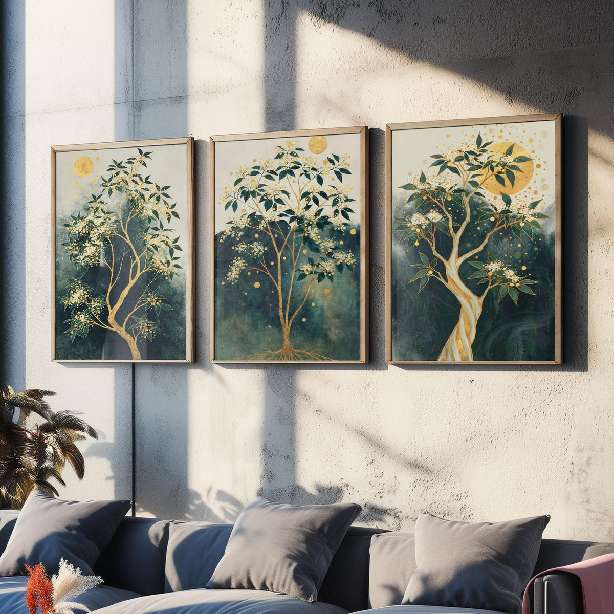 Set of Three Gold Tree Art Prints - 3 Botanical Blossom Painting Posters - Green Gold Wall Art Gift Moon Leaf Decor Luxe Nature Triptych