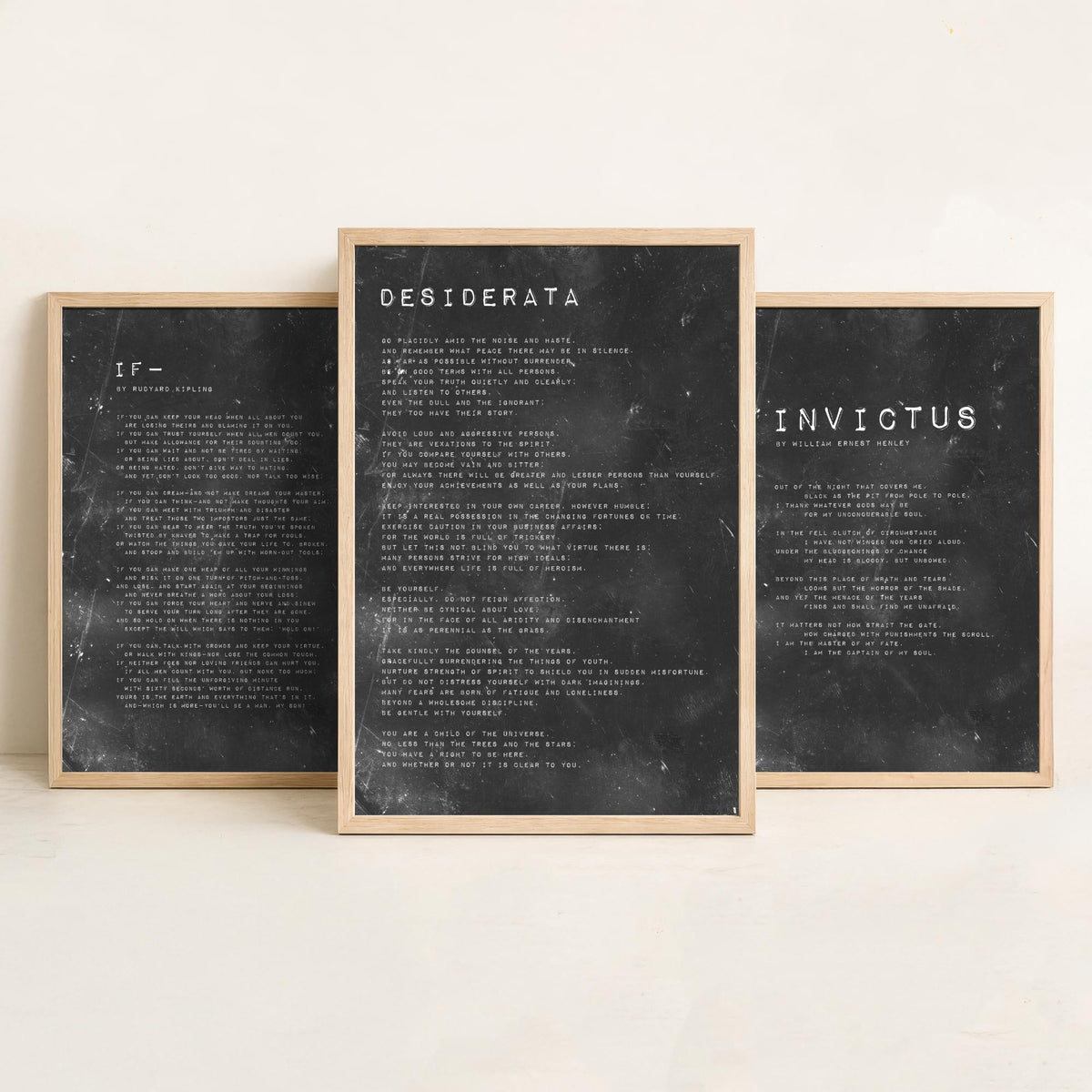Inspirational Poems Set of Three Art Prints - If, Invictus, Desiderata - Grungy Typography Illustration Poster