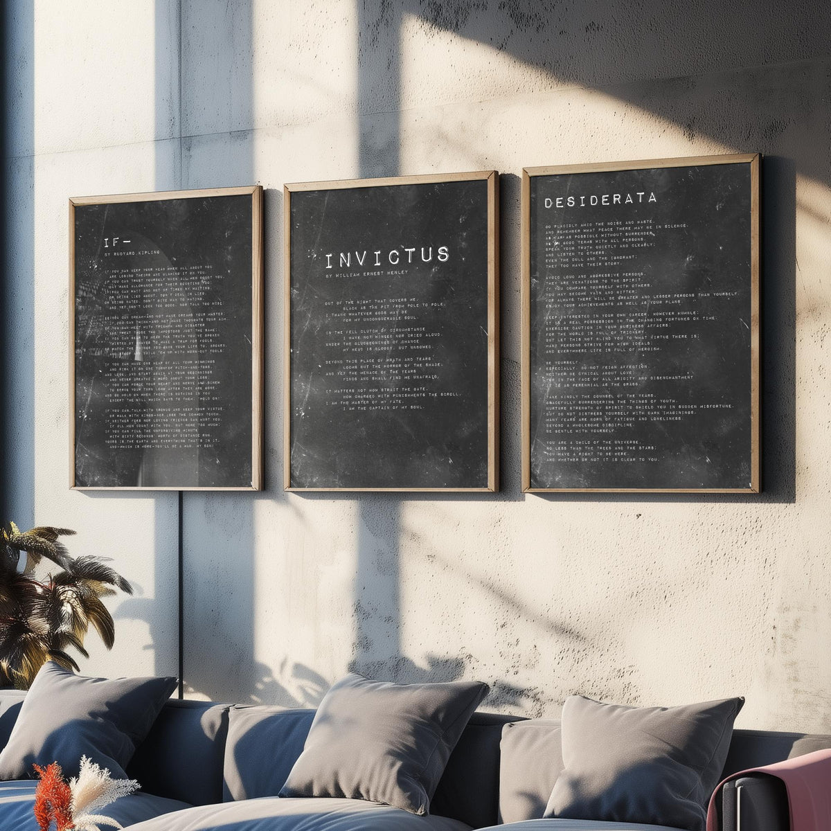 Inspirational Poems Set of Three Art Prints - If, Invictus, Desiderata - Grungy Typography Illustration Poster