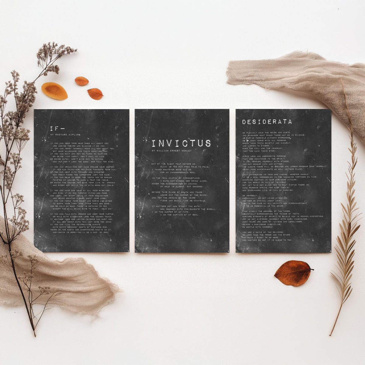 Inspirational Poems Set of Three Art Prints - If, Invictus, Desiderata - Grungy Typography Illustration Poster