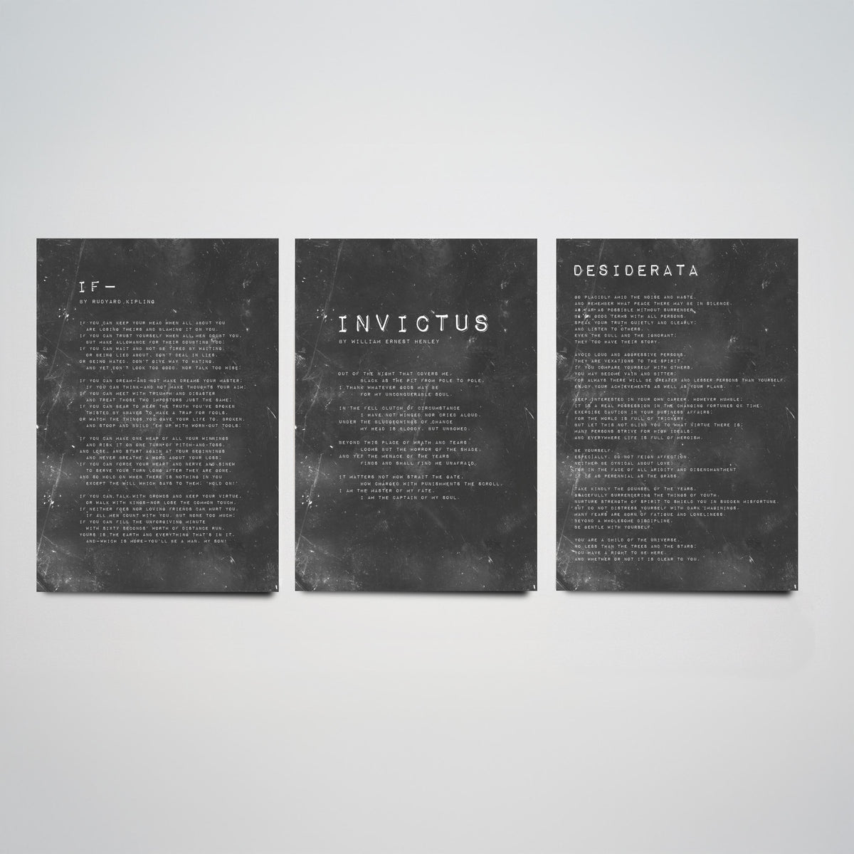 Inspirational Poems Set of Three Art Prints - If, Invictus, Desiderata - Grungy Typography Illustration Poster