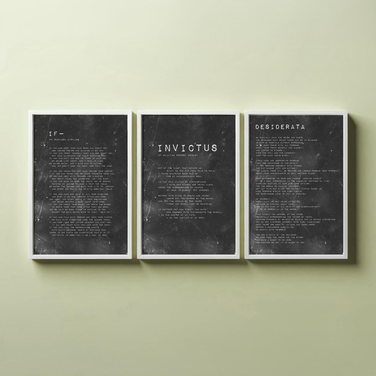 Inspirational Poems Set of Three Art Prints - If, Invictus, Desiderata - Grungy Typography Illustration Poster