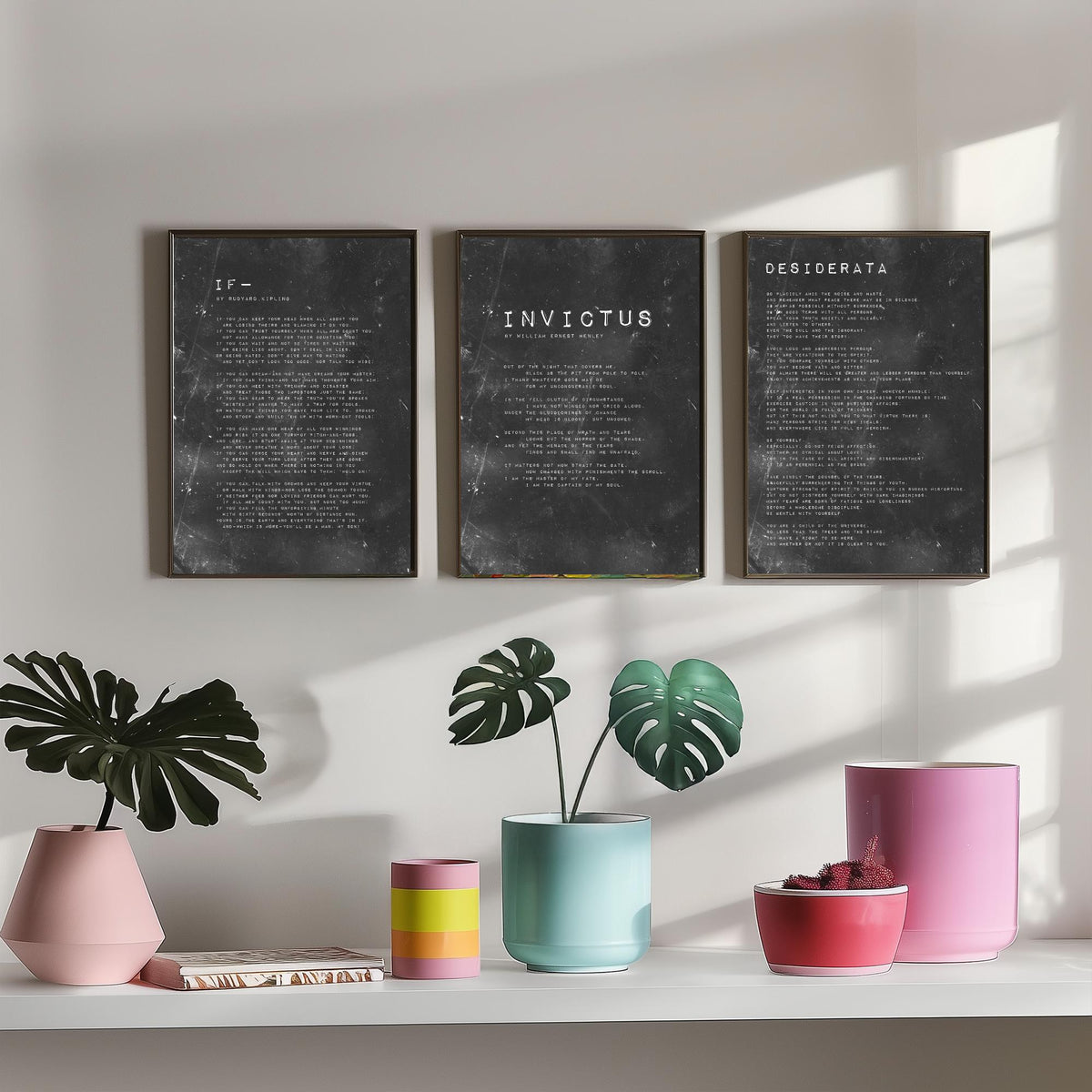 Inspirational Poems Set of Three Art Prints - If, Invictus, Desiderata - Grungy Typography Illustration Poster