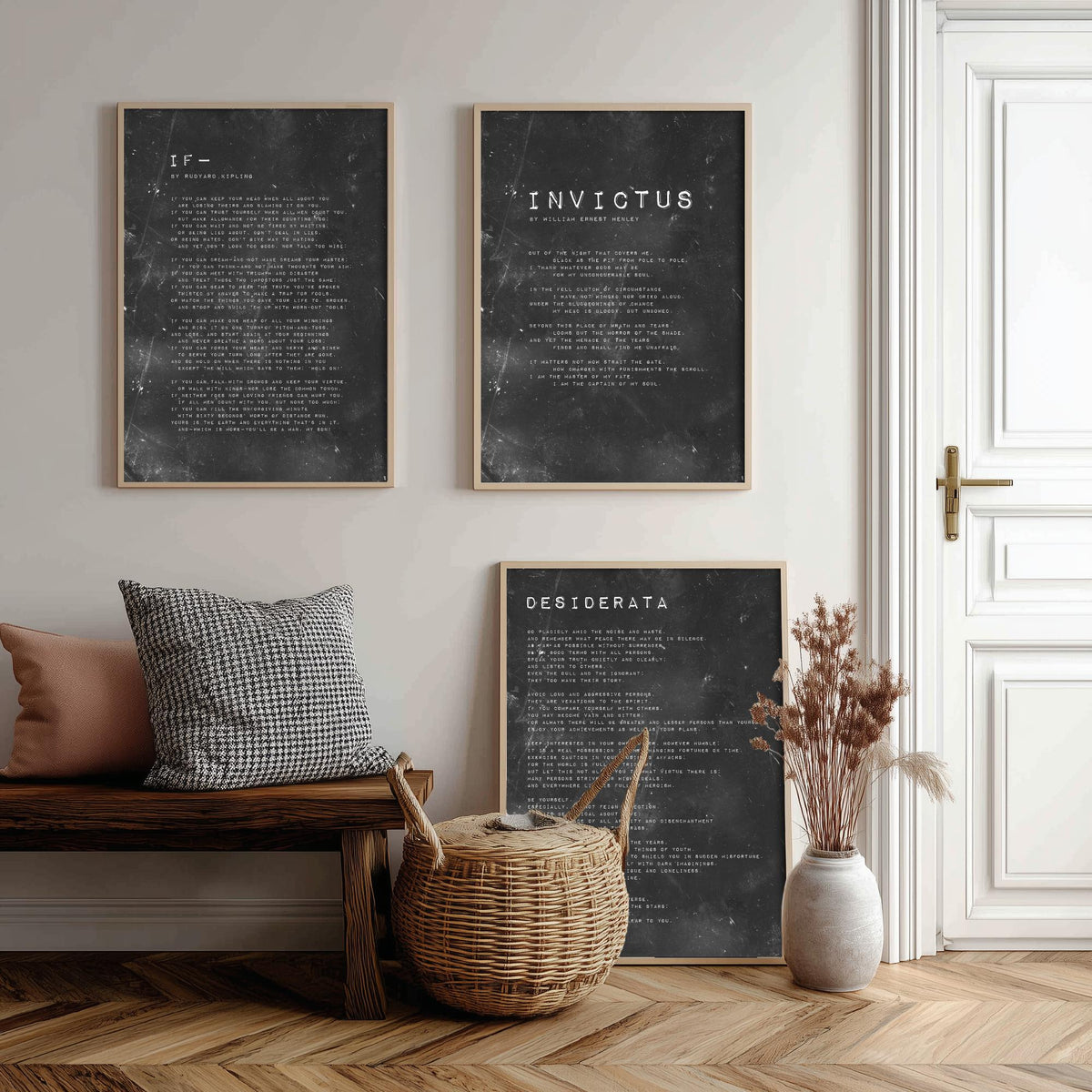 Inspirational Poems Set of Three Art Prints - If, Invictus, Desiderata - Grungy Typography Illustration Poster