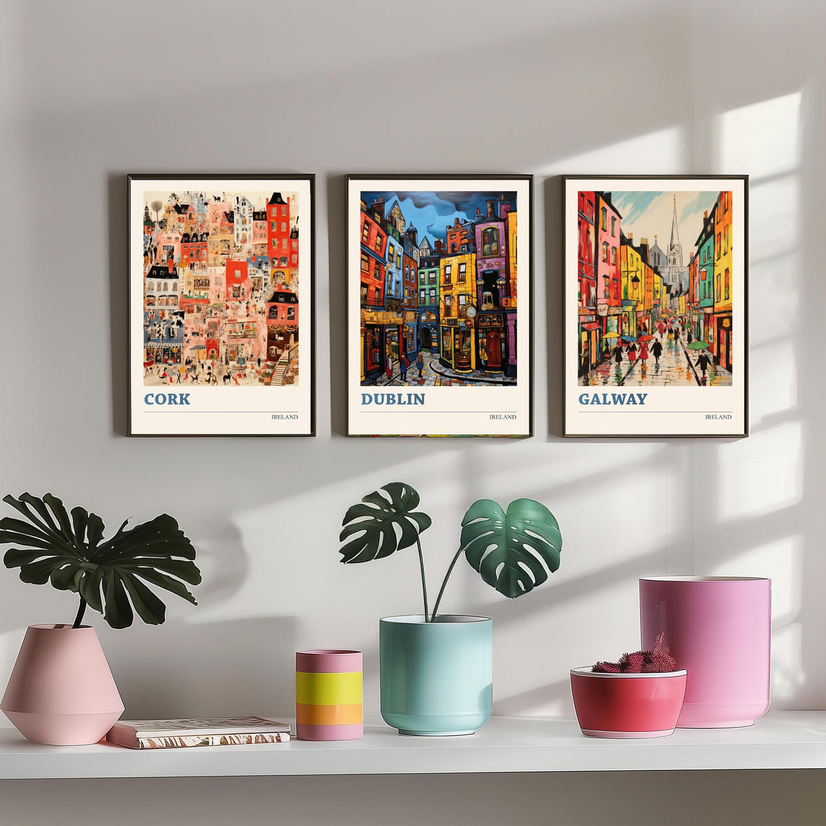 Ireland Set of Three Prints - Cork Dublin Galway - 3 Folk Art Travel Posters - Colourful City Illustration Wall Art Gift Irish Map Decor