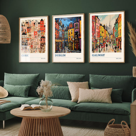 Ireland Set of Three Prints - Cork Dublin Galway - 3 Folk Art Travel Posters - Colourful City Illustration Wall Art Gift Irish Map Decor