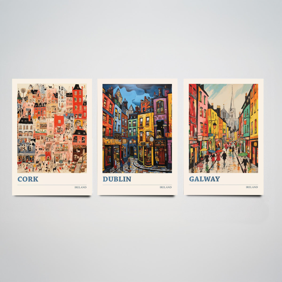 Ireland Set of Three Prints - Cork Dublin Galway - 3 Folk Art Travel Posters - Colourful City Illustration Wall Art Gift Irish Map Decor