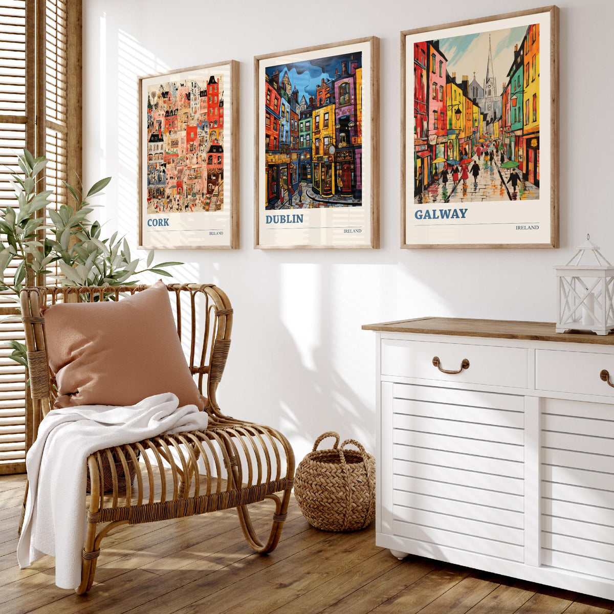 Ireland Set of Three Prints - Cork Dublin Galway - 3 Folk Art Travel Posters - Colourful City Illustration Wall Art Gift Irish Map Decor