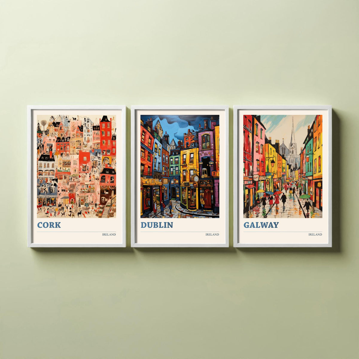 Ireland Set of Three Prints - Cork Dublin Galway - 3 Folk Art Travel Posters - Colourful City Illustration Wall Art Gift Irish Map Decor