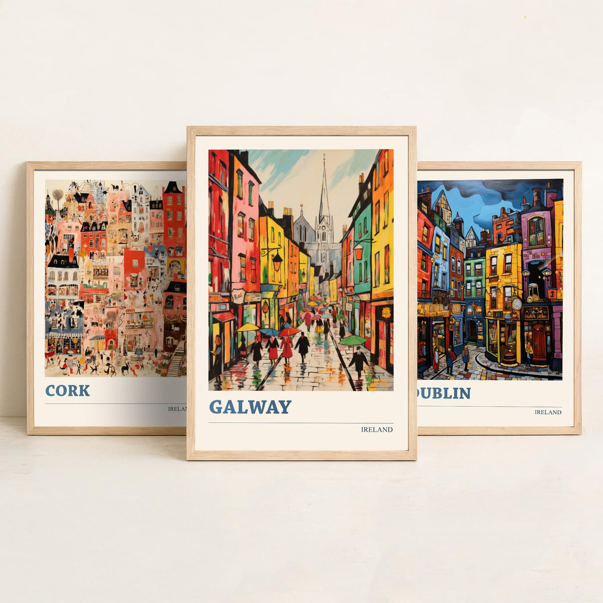 Ireland Set of Three Prints - Cork Dublin Galway - 3 Folk Art Travel Posters - Colourful City Illustration Wall Art Gift Irish Map Decor