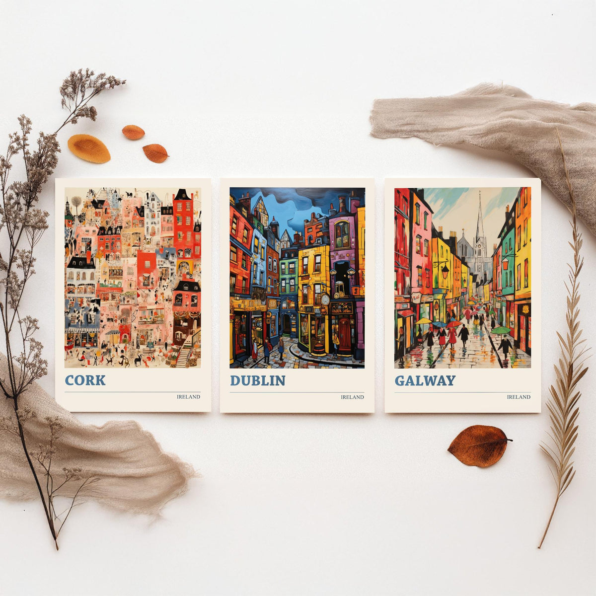 Ireland Set of Three Prints - Cork Dublin Galway - 3 Folk Art Travel Posters - Colourful City Illustration Wall Art Gift Irish Map Decor
