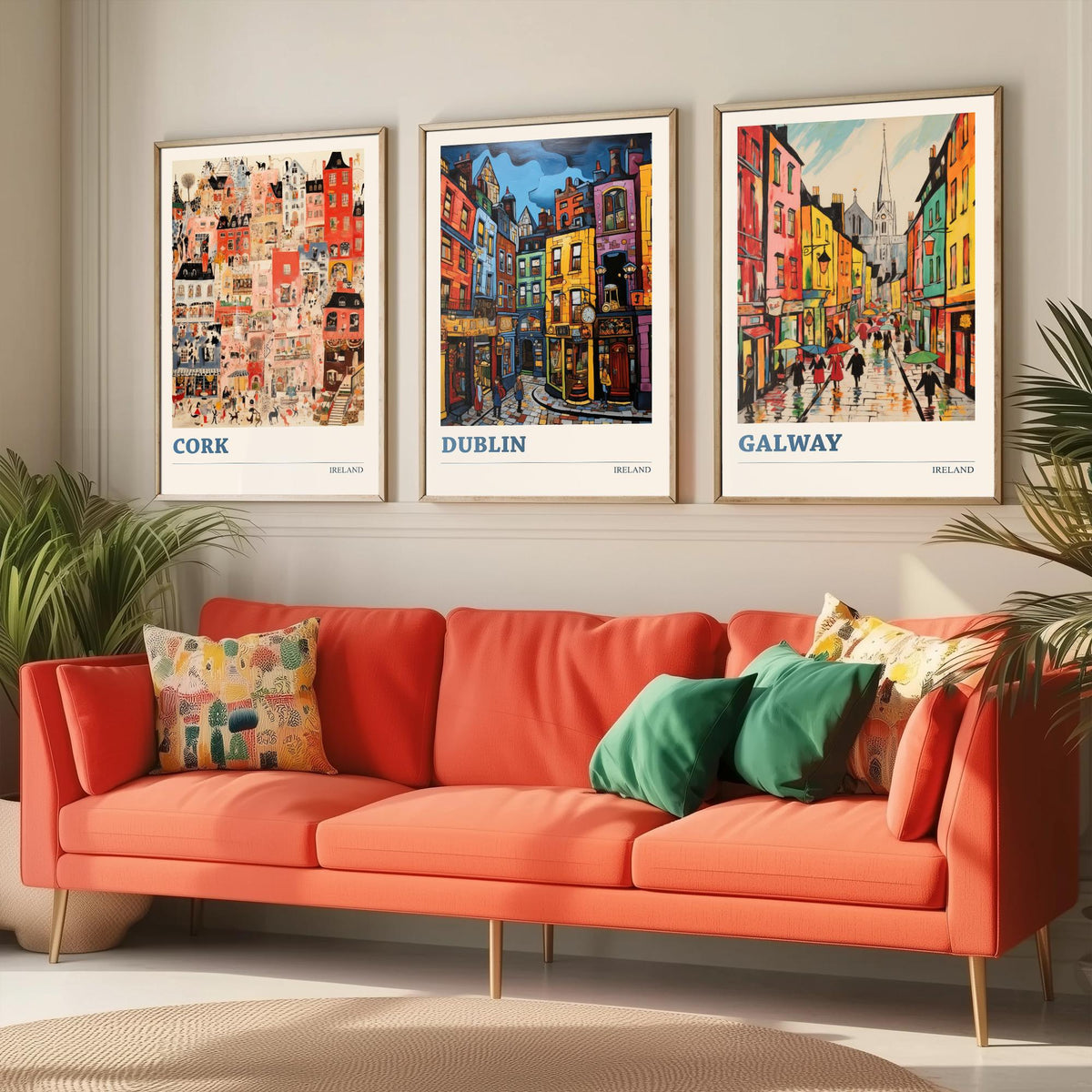 Ireland Set of Three Prints - Cork Dublin Galway - 3 Folk Art Travel Posters - Colourful City Illustration Wall Art Gift Irish Map Decor