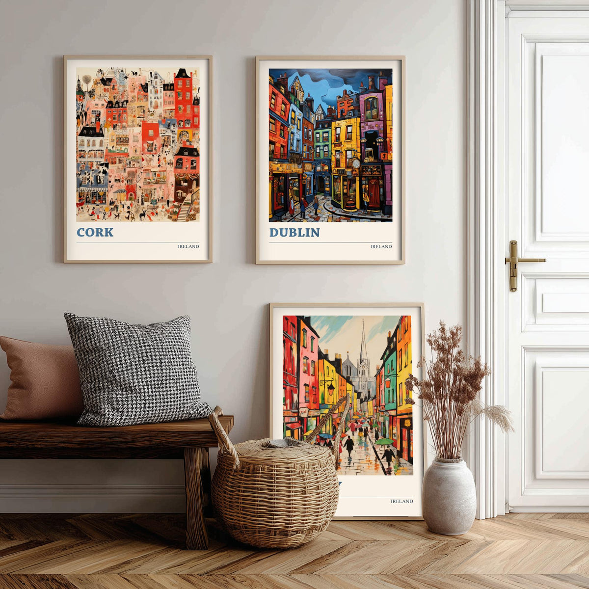 Ireland Set of Three Prints - Cork Dublin Galway - 3 Folk Art Travel Posters - Colourful City Illustration Wall Art Gift Irish Map Decor