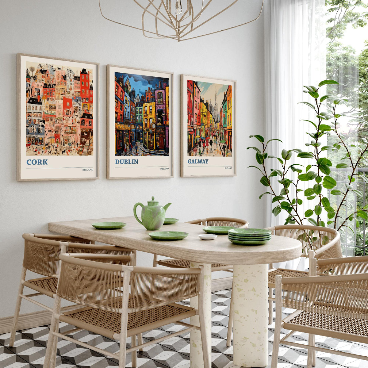 Ireland Set of Three Prints - Cork Dublin Galway - 3 Folk Art Travel Posters - Colourful City Illustration Wall Art Gift Irish Map Decor