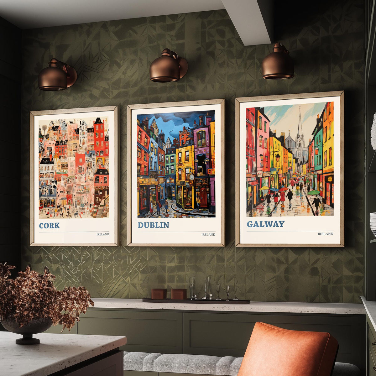 Ireland Set of Three Prints - Cork Dublin Galway - 3 Folk Art Travel Posters - Colourful City Illustration Wall Art Gift Irish Map Decor