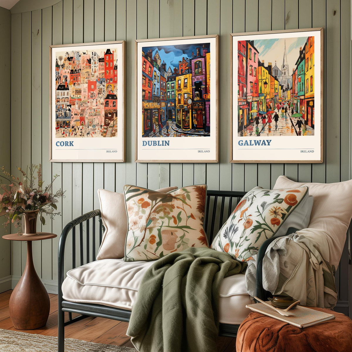 Ireland Set of Three Prints - Cork Dublin Galway - 3 Folk Art Travel Posters - Colourful City Illustration Wall Art Gift Irish Map Decor