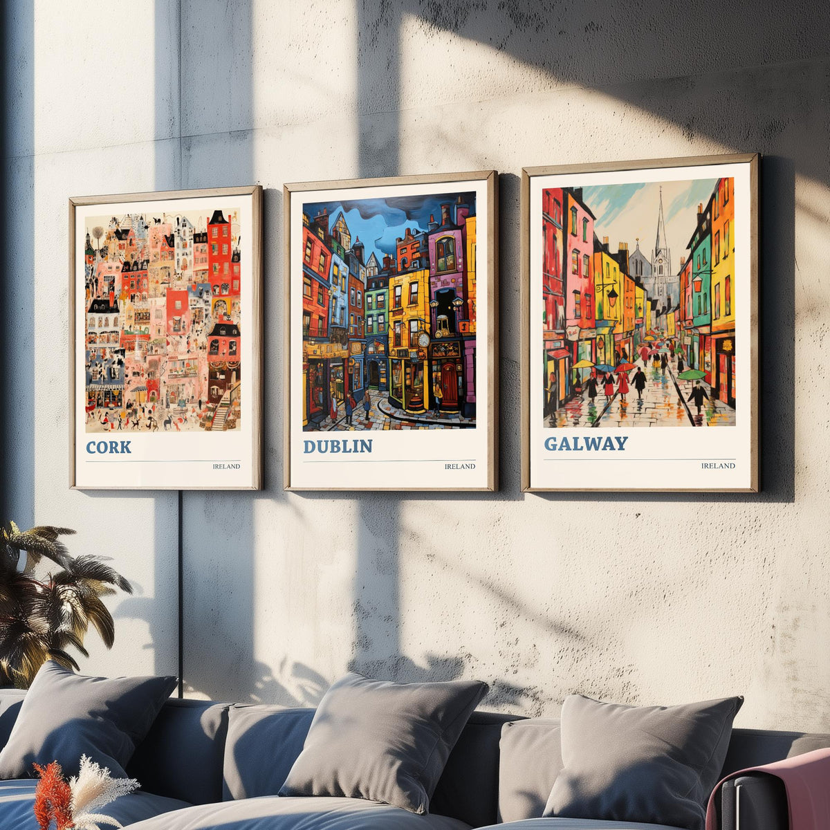 Ireland Set of Three Prints - Cork Dublin Galway - 3 Folk Art Travel Posters - Colourful City Illustration Wall Art Gift Irish Map Decor