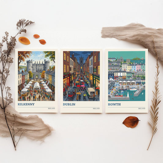 Ireland Set of Three Art Prints - Kilkenny, Dublin, Howth - 3 Colourful Folk Illustration Travel Posters - Irish Painting