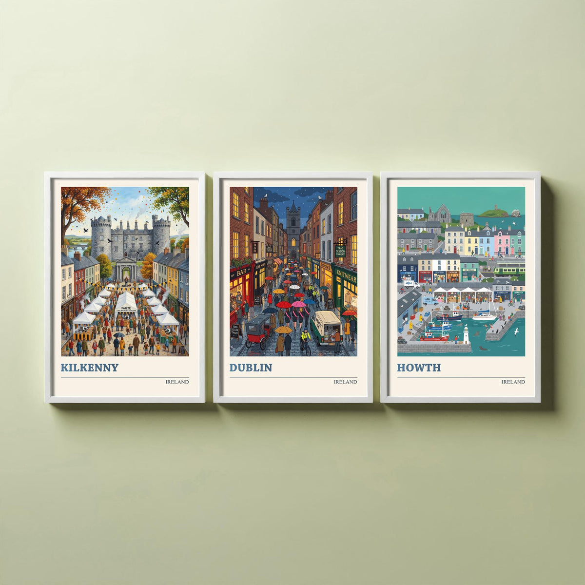 Ireland Set of Three Art Prints - Kilkenny, Dublin, Howth - 3 Colourful Folk Illustration Travel Posters - Irish Painting