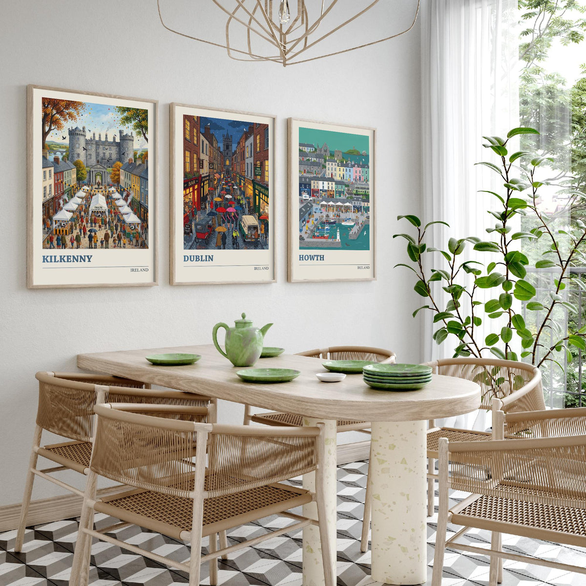 Ireland Set of Three Art Prints - Kilkenny, Dublin, Howth - 3 Colourful Folk Illustration Travel Posters - Irish Painting