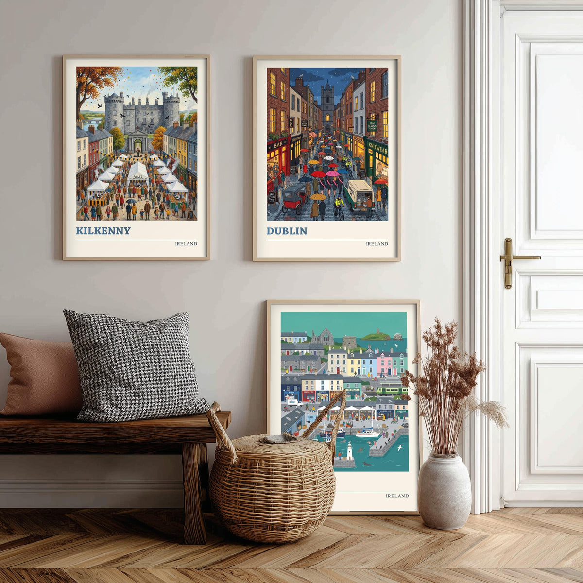 Ireland Set of Three Art Prints - Kilkenny, Dublin, Howth - 3 Colourful Folk Illustration Travel Posters - Irish Painting