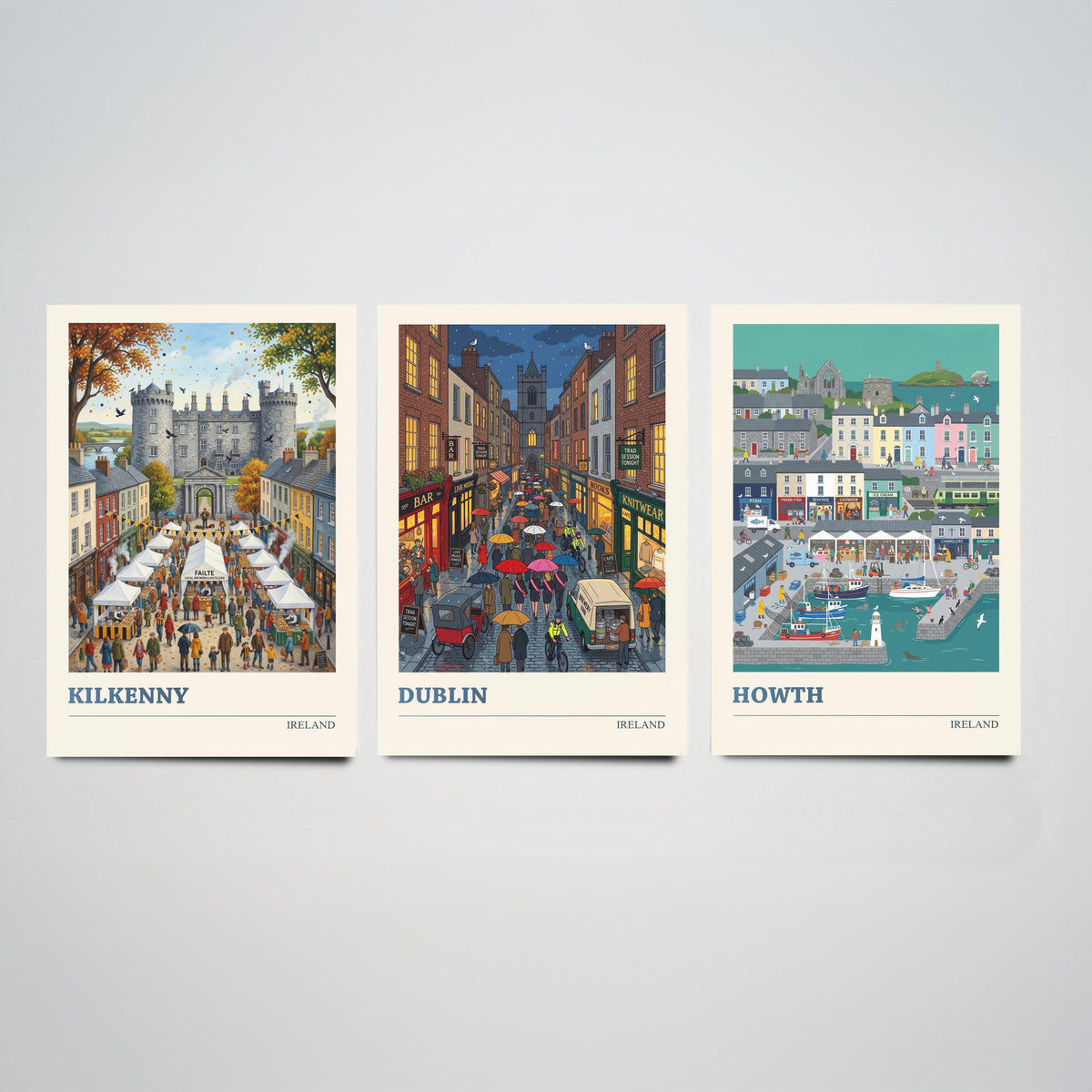Ireland Set of Three Art Prints - Kilkenny, Dublin, Howth - 3 Colourful Folk Illustration Travel Posters - Irish Painting