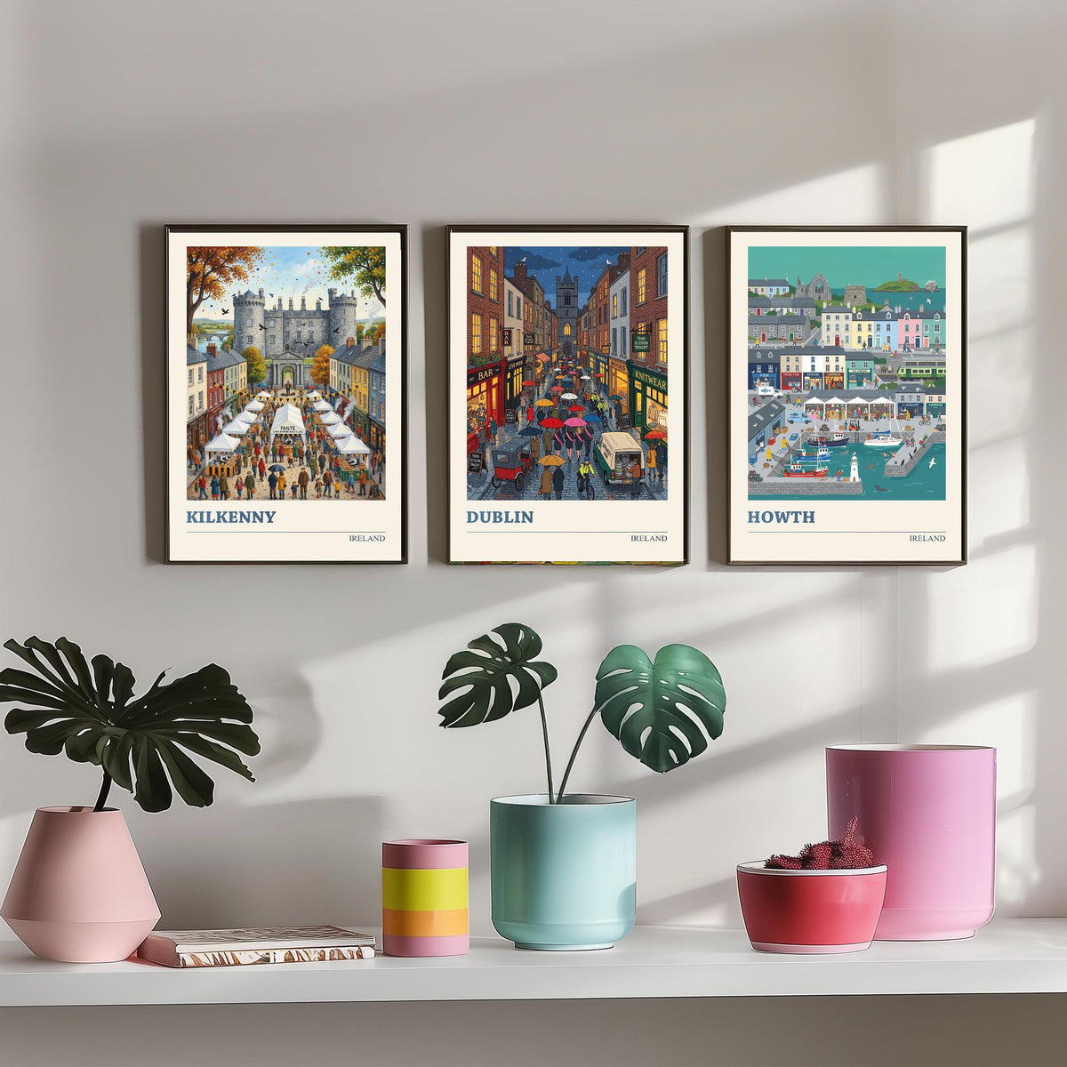 Ireland Set of Three Art Prints - Kilkenny, Dublin, Howth - 3 Colourful Folk Illustration Travel Posters - Irish Painting