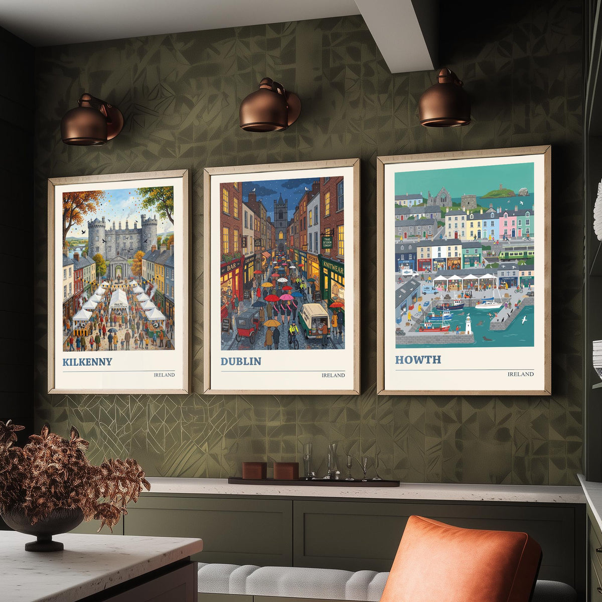 Ireland Set of Three Art Prints - Kilkenny, Dublin, Howth - 3 Colourful Folk Illustration Travel Posters - Irish Painting