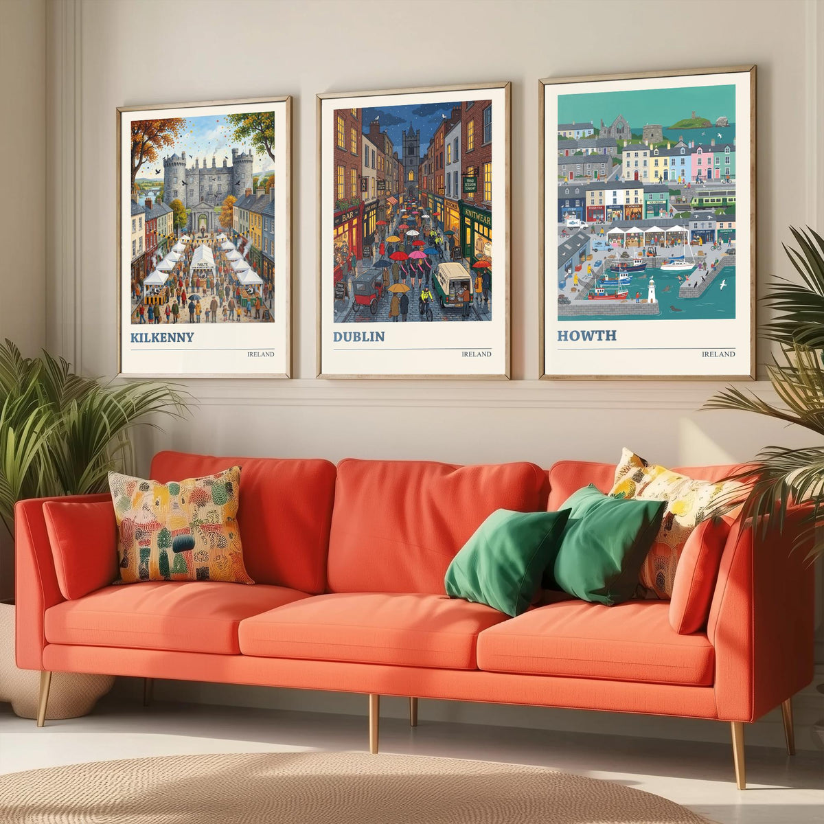 Ireland Set of Three Art Prints - Kilkenny, Dublin, Howth - 3 Colourful Folk Illustration Travel Posters - Irish Painting