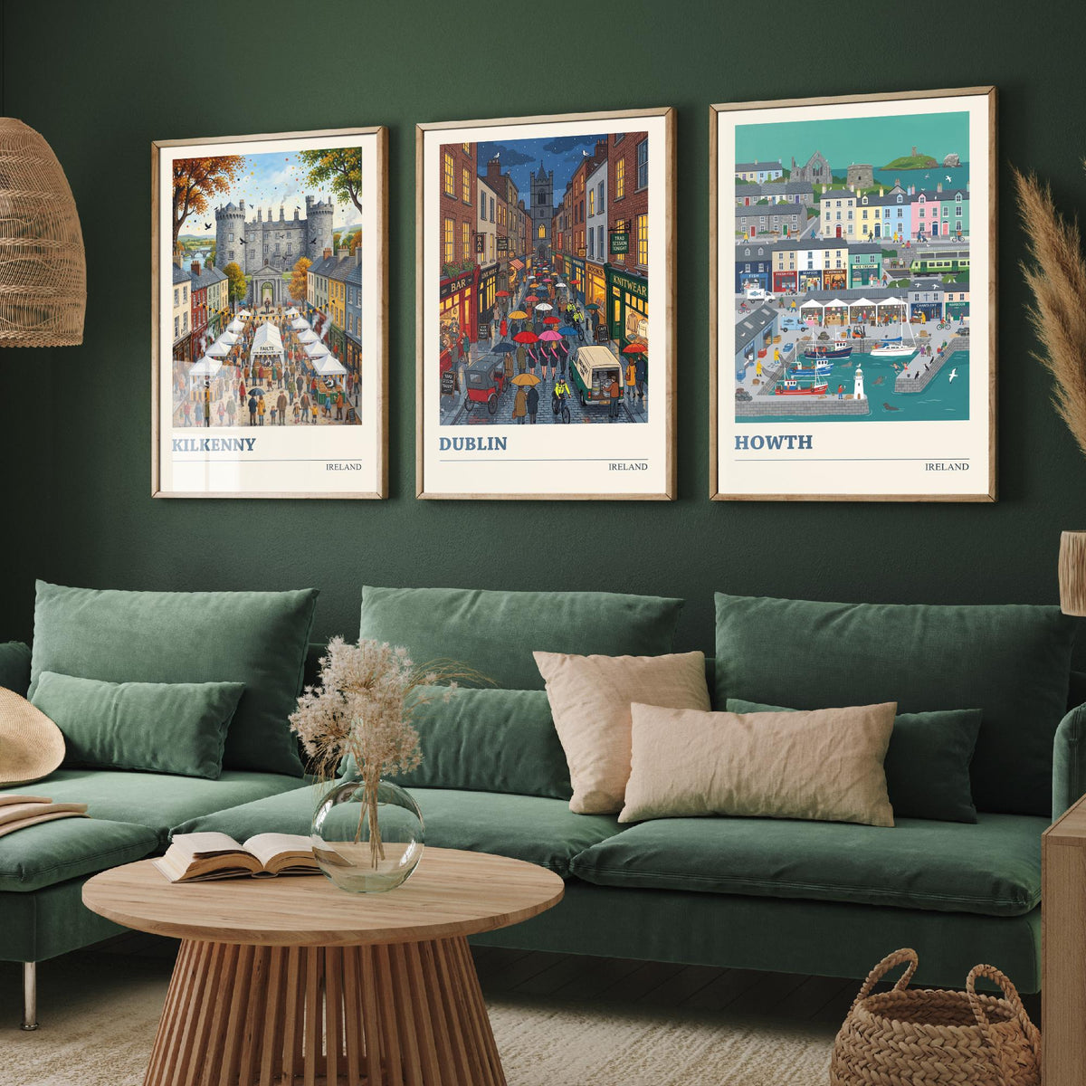 Ireland Set of Three Art Prints - Kilkenny, Dublin, Howth - 3 Colourful Folk Illustration Travel Posters - Irish Painting