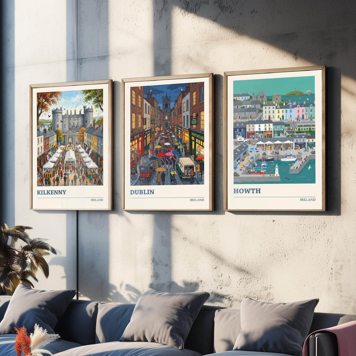 Ireland Set of Three Art Prints - Kilkenny, Dublin, Howth - 3 Colourful Folk Illustration Travel Posters - Irish Painting