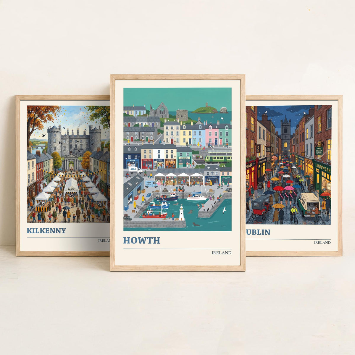 Ireland Set of Three Art Prints - Kilkenny, Dublin, Howth - 3 Colourful Folk Illustration Travel Posters - Irish Painting