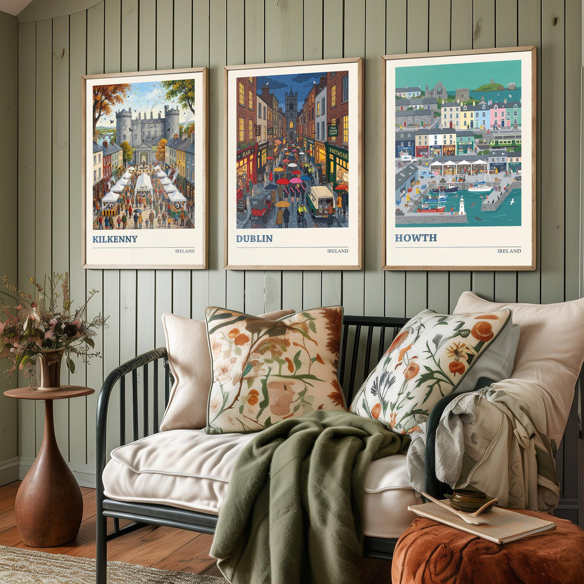 Ireland Set of Three Art Prints - Kilkenny, Dublin, Howth - 3 Colourful Folk Illustration Travel Posters - Irish Painting
