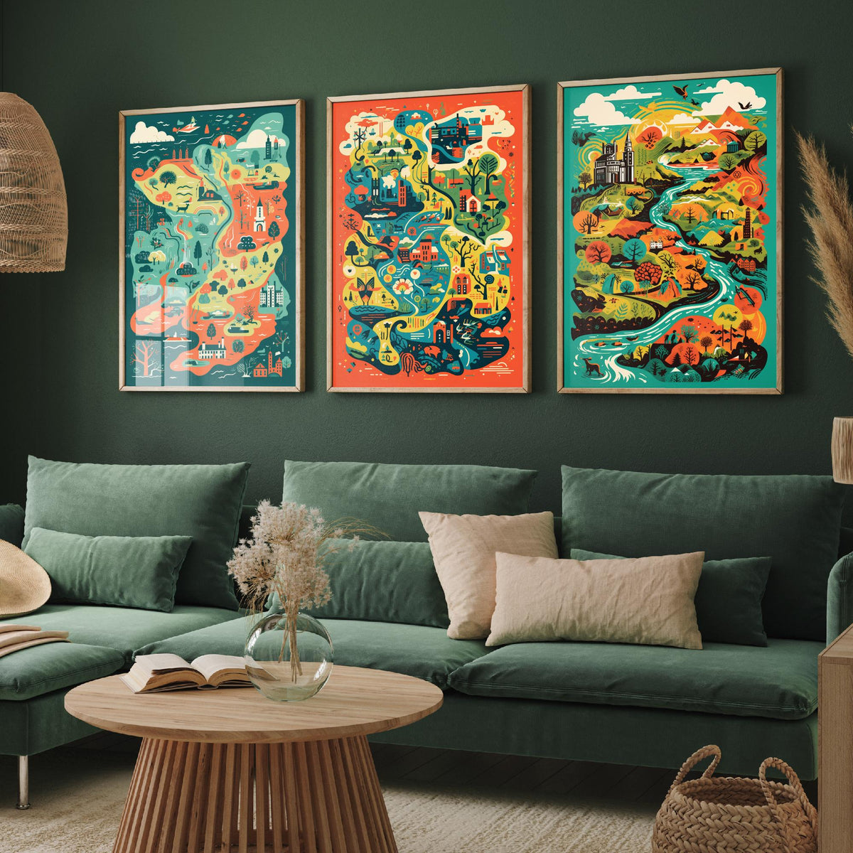 Ireland Illustrated Map Set of Three Art Prints - Castles, Rivers and Green Countryside - Colourful Travel Poster Illustration