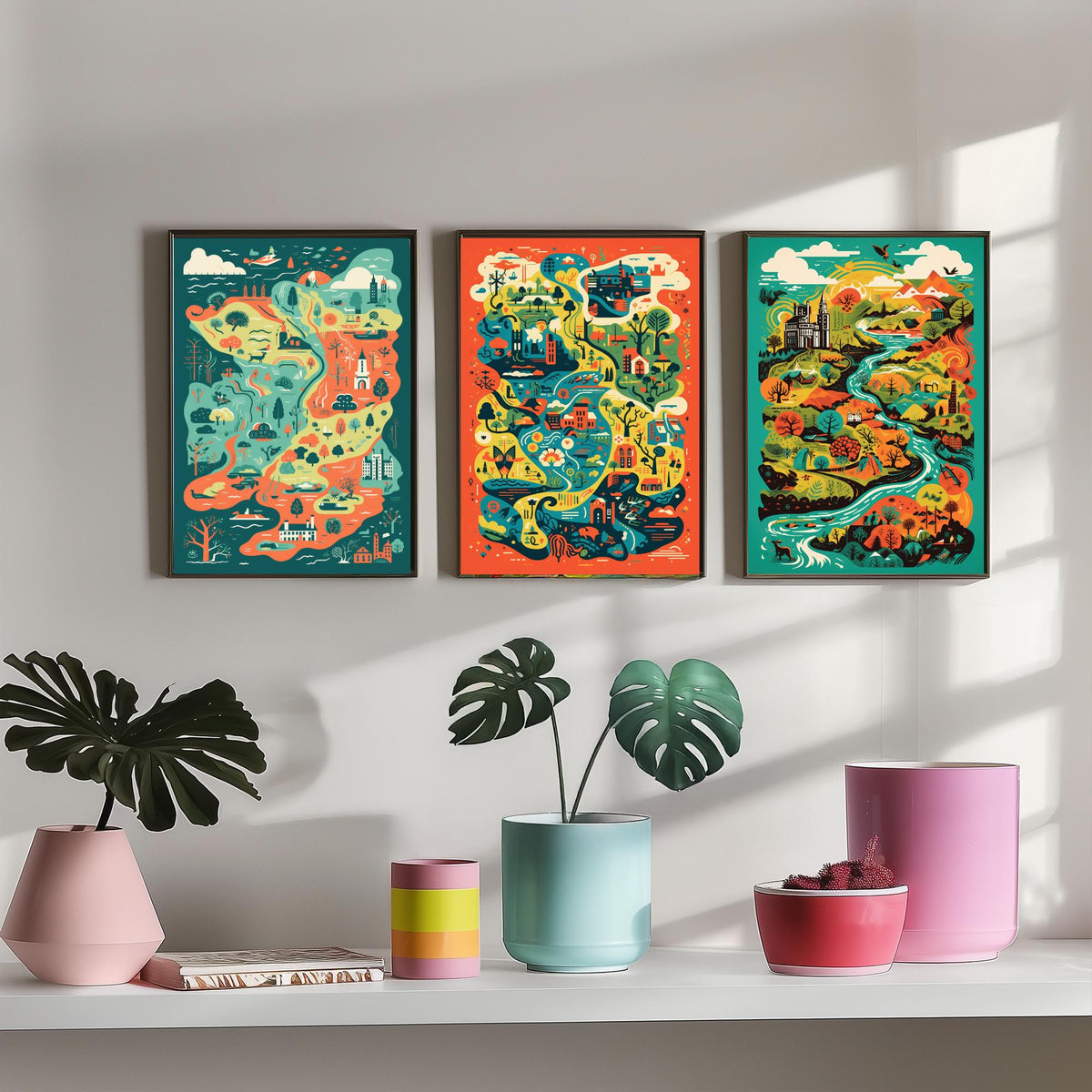Ireland Illustrated Map Set of Three Art Prints - Castles, Rivers and Green Countryside - Colourful Travel Poster Illustration