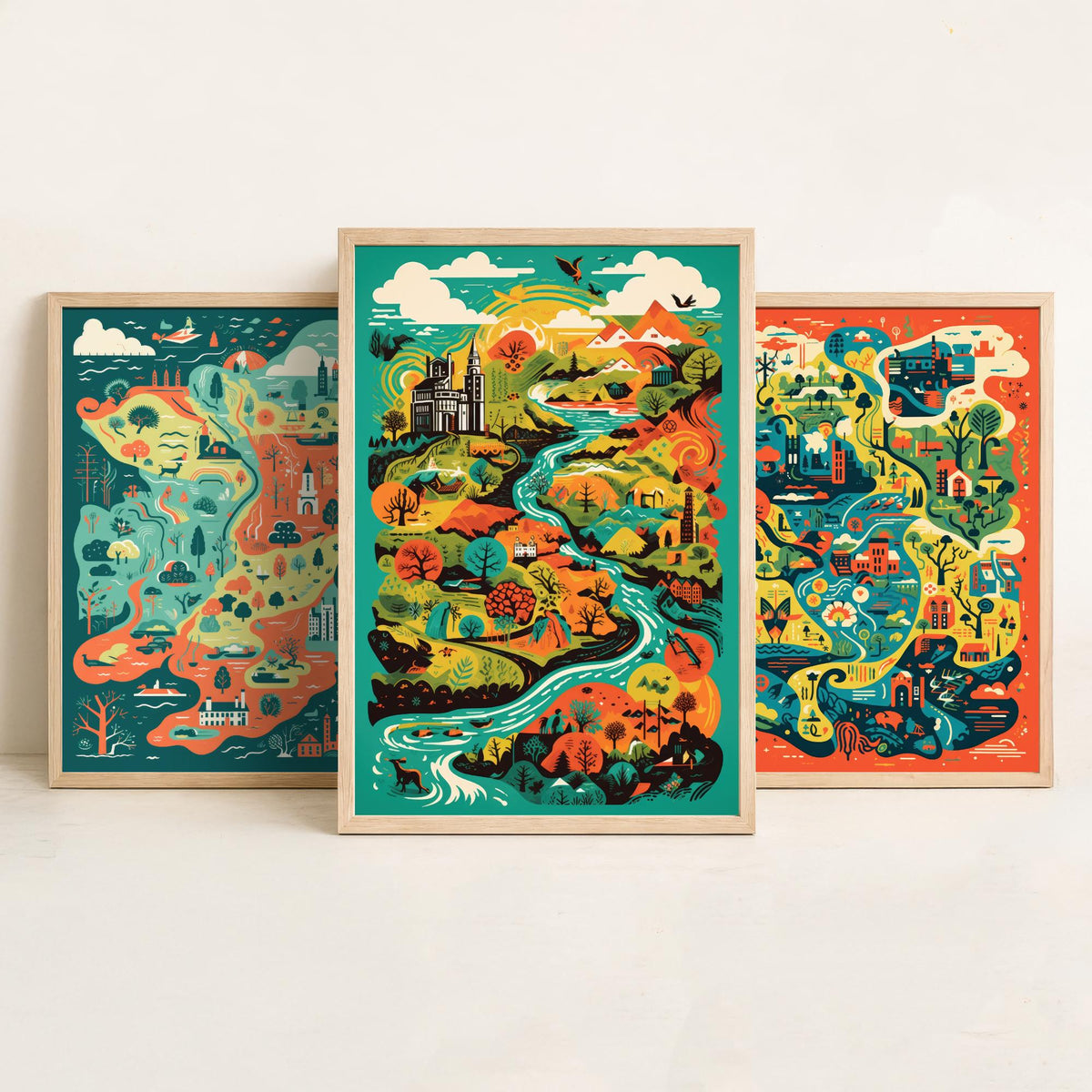 Ireland Illustrated Map Set of Three Art Prints - Castles, Rivers and Green Countryside - Colourful Travel Poster Illustration
