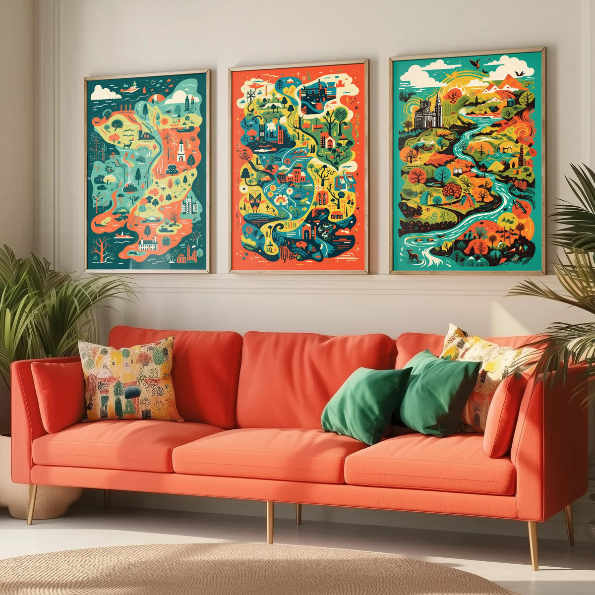 Ireland Illustrated Map Set of Three Art Prints - Castles, Rivers and Green Countryside - Colourful Travel Poster Illustration