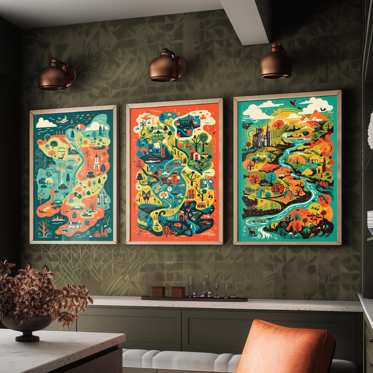 Ireland Illustrated Map Set of Three Art Prints - Castles, Rivers and Green Countryside - Colourful Travel Poster Illustration