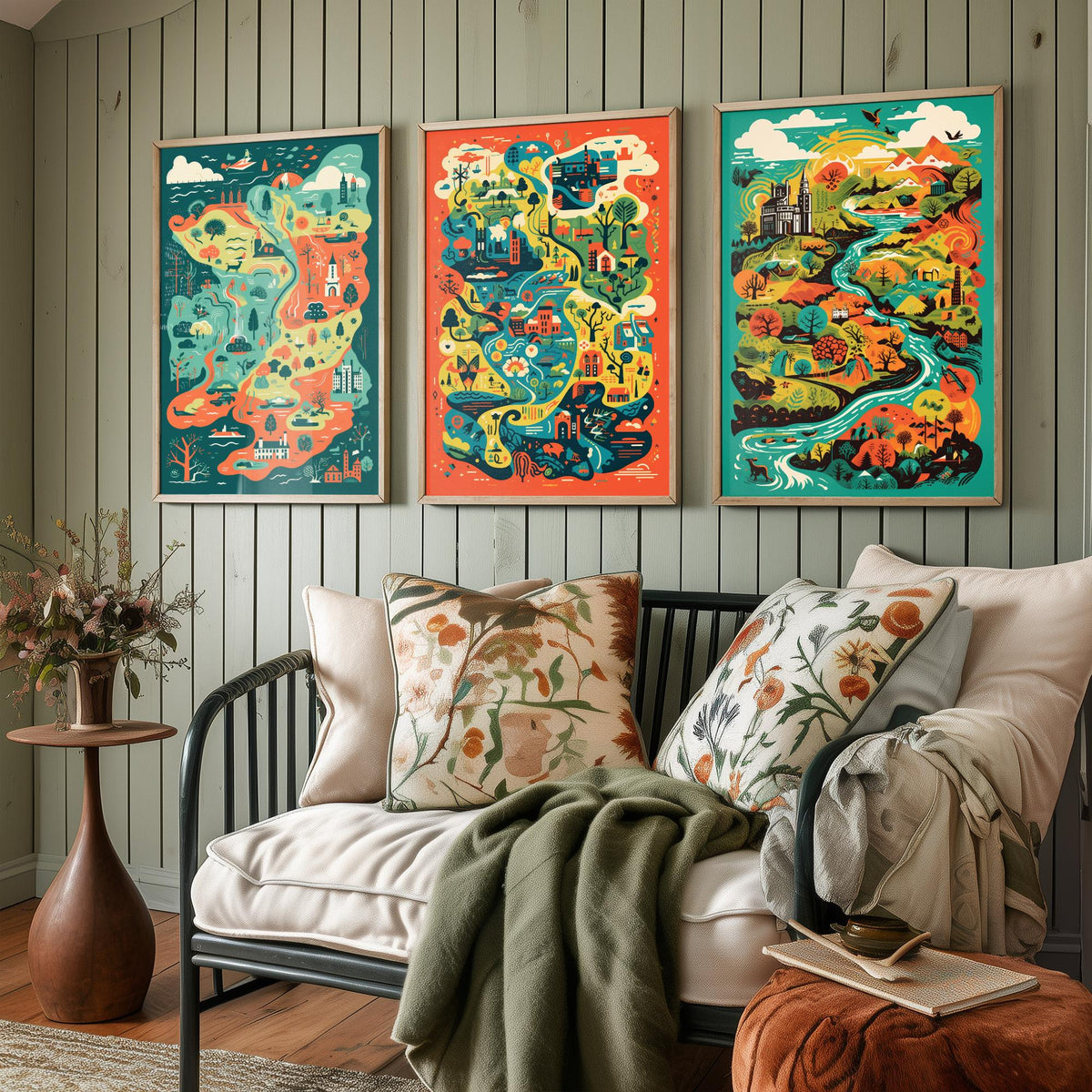Ireland Illustrated Map Set of Three Art Prints - Castles, Rivers and Green Countryside - Colourful Travel Poster Illustration