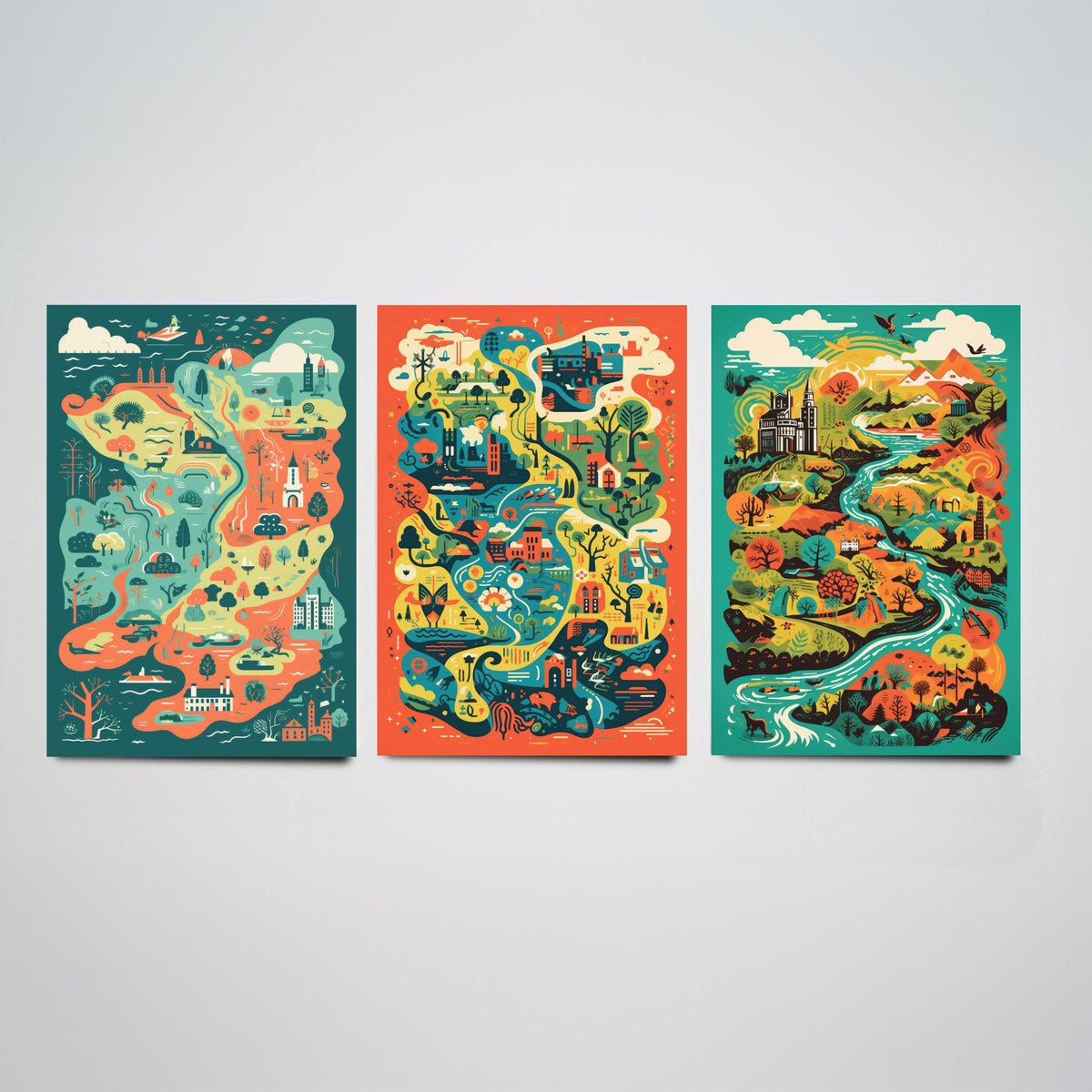 Ireland Illustrated Map Set of Three Art Prints - Castles, Rivers and Green Countryside - Colourful Travel Poster Illustration