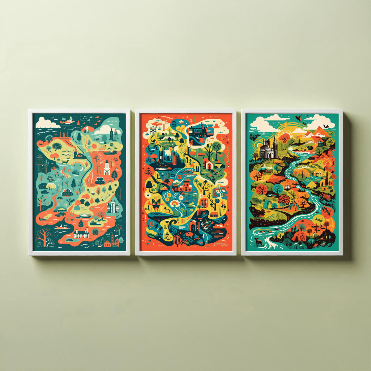 Ireland Illustrated Map Set of Three Art Prints - Castles, Rivers and Green Countryside - Colourful Travel Poster Illustration