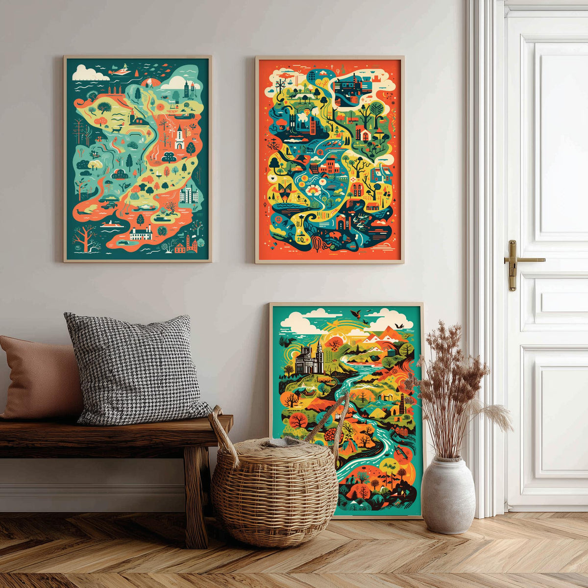 Ireland Illustrated Map Set of Three Art Prints - Castles, Rivers and Green Countryside - Colourful Travel Poster Illustration