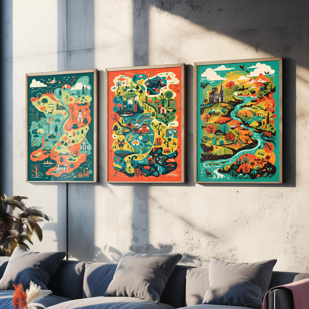 Ireland Illustrated Map Set of Three Art Prints - Castles, Rivers and Green Countryside - Colourful Travel Poster Illustration