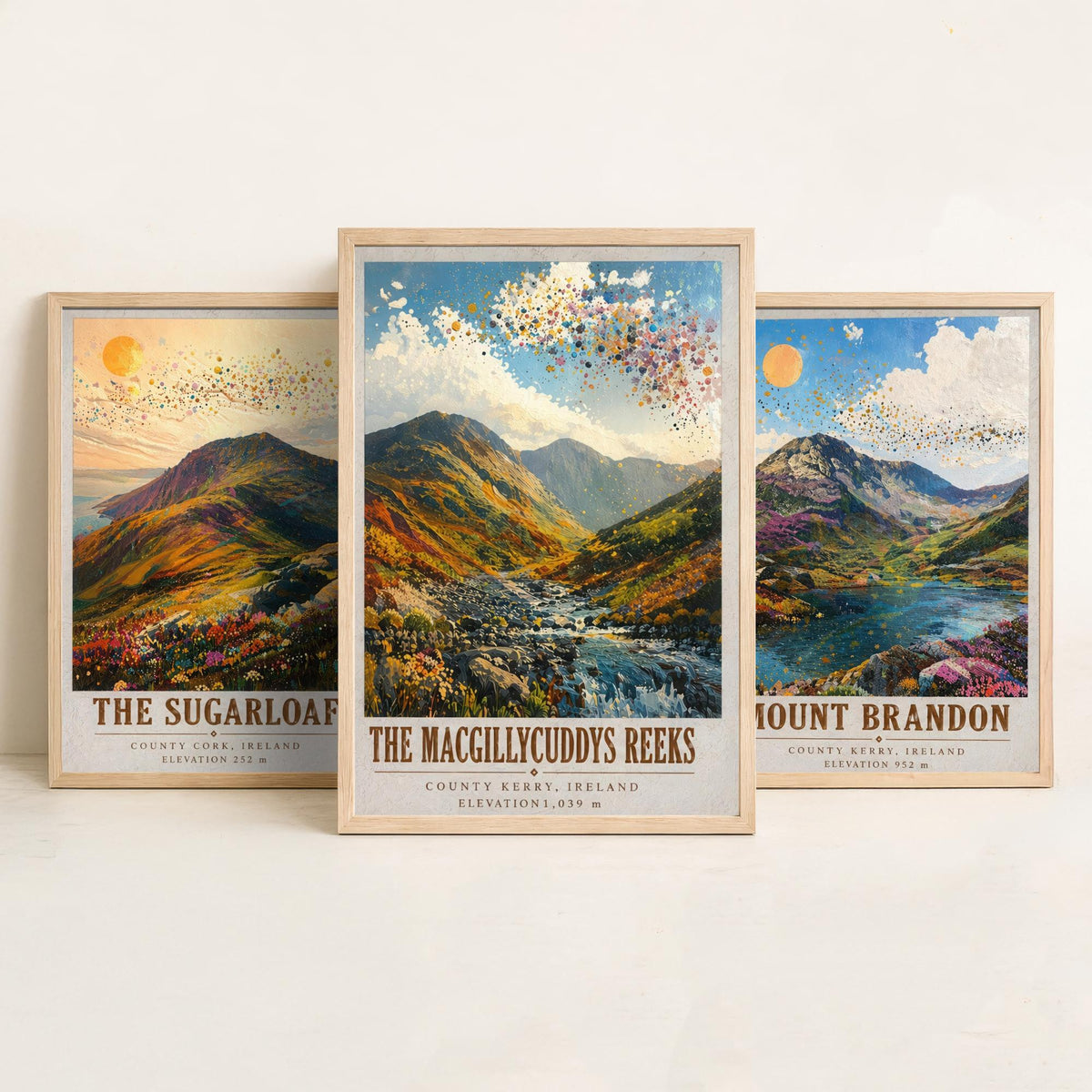 Set of Three Ireland Mountain Prints - Sugarloaf Mount Brandon MacGillycuddys Reeks - 3 Landscape Painting Posters Wall Art Gift Kerry