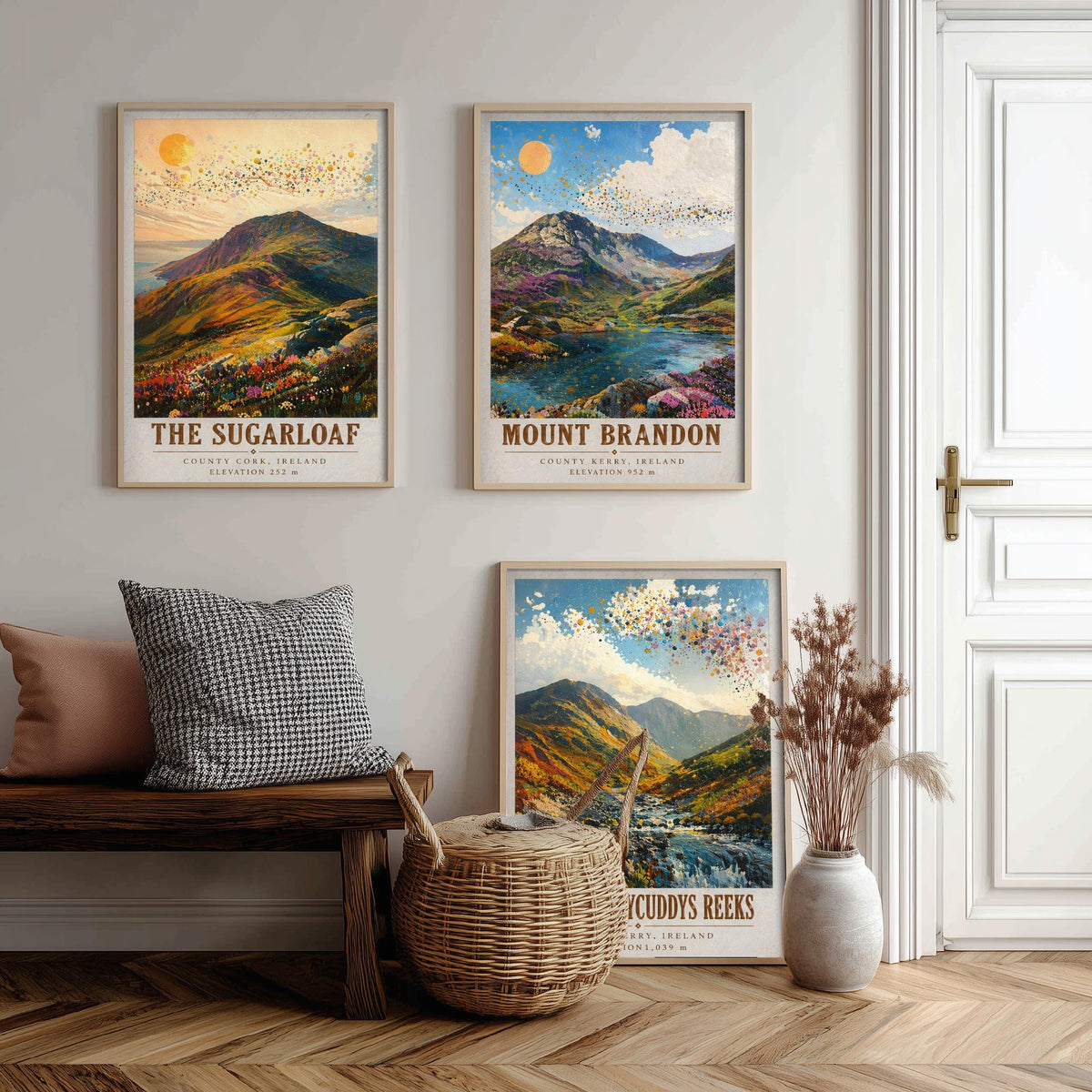 Set of Three Ireland Mountain Prints - Sugarloaf Mount Brandon MacGillycuddys Reeks - 3 Landscape Painting Posters Wall Art Gift Kerry